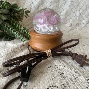 Art Glass Hand-Blown paperweight Pink Trumpet Flowers with VTG Wooden Base Lamp